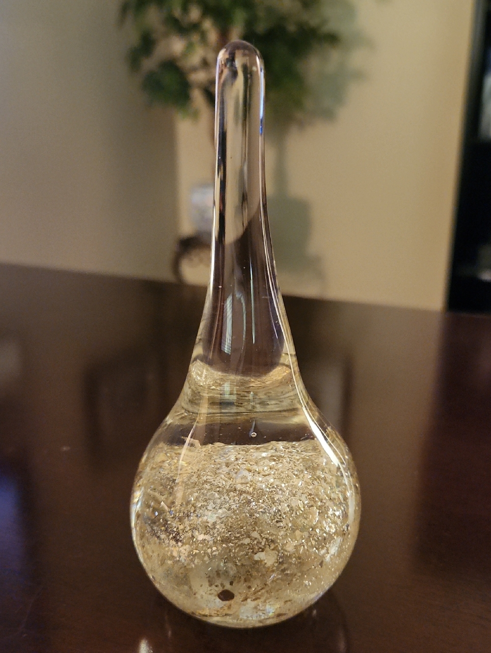 Handblown Art Glass Teardrop Shaped Paperweight with Bubbles & Gold Flakes